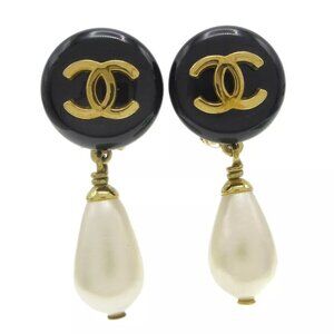 Chanel Artificial Pearl Dangle Earrings Clip-On Black 95P 59701